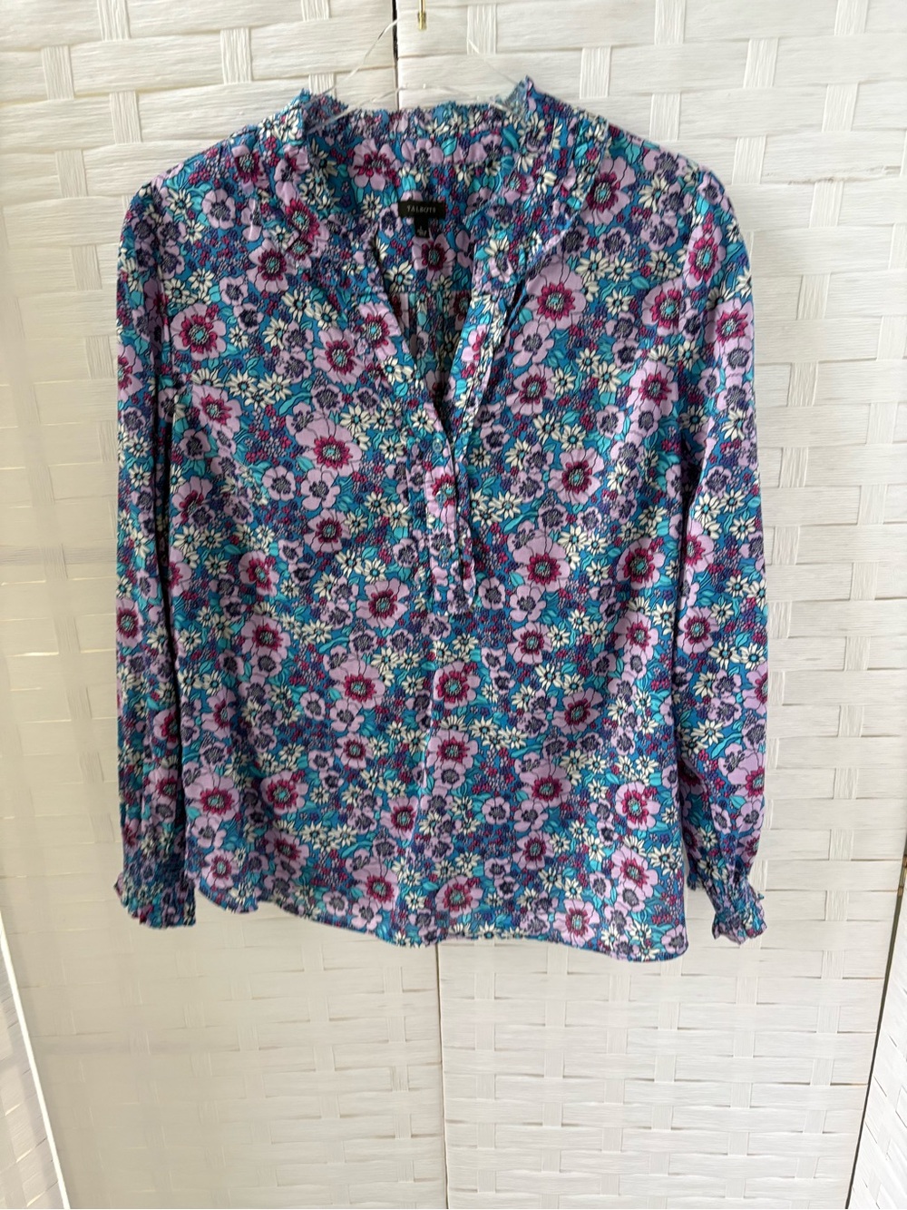 Talbots Size L 100% Cotton Blue Purple Floral Split-Neck Blouse Office Casual